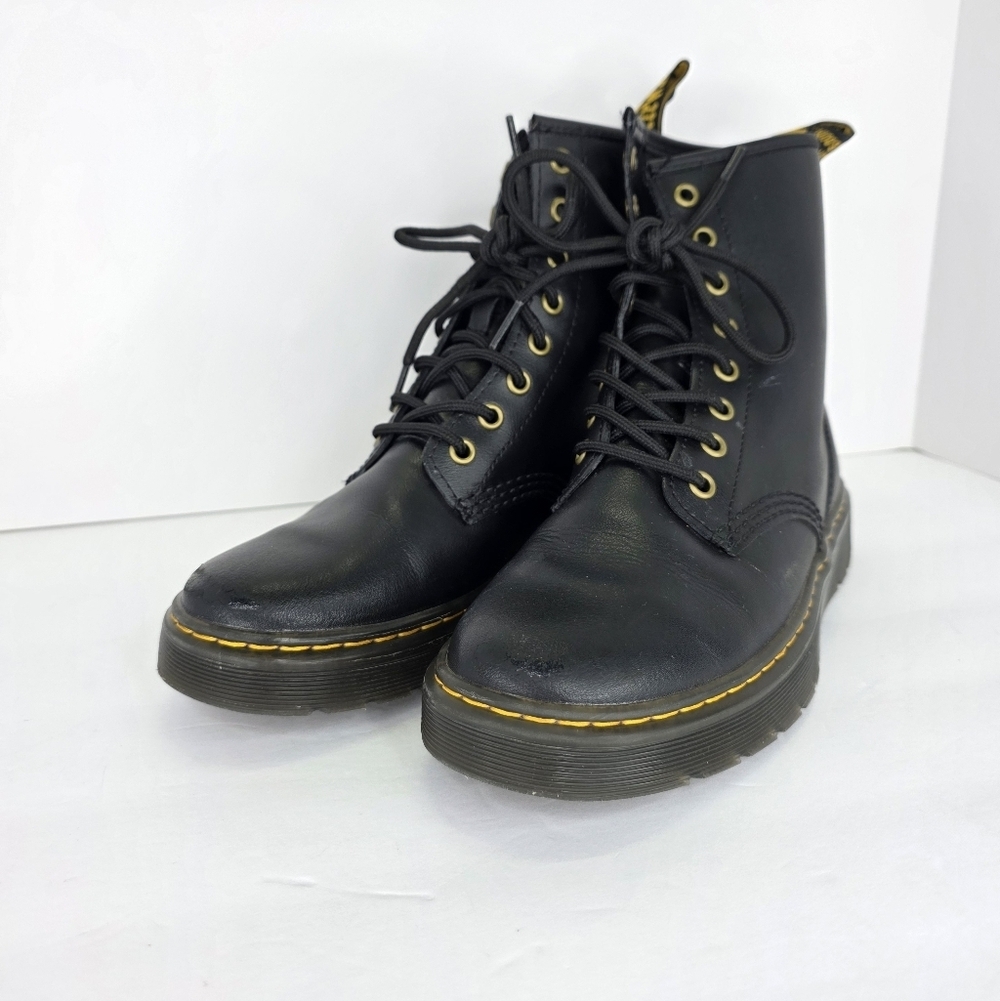 Dr. Martens Zavala Combat Boots Unisex Black Leather Yellow Stitching Size M7 W8 - Picture 5 of 16